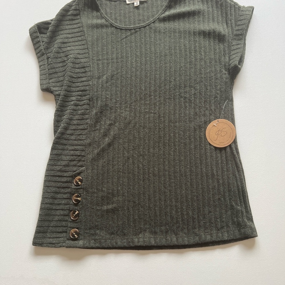 New PARALLEL SKIES Ribbed Button Rolled Sleeve Green Sweater Women SIZE Small - Picture 2 of 8